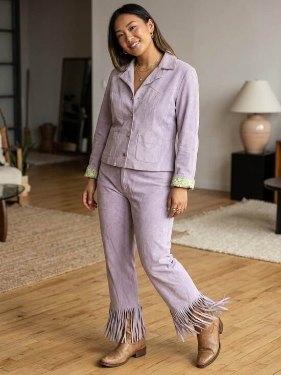 Wilsons Leather Pants - Vintage Maxima by Wilsons Leather Lavender Suede Fringe Jacket & Pants Set Y2K